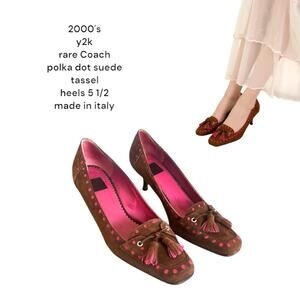 y2k  vtg. rare Coach brown polka dot tassel suede kitten pumps heels size 5 1/2.